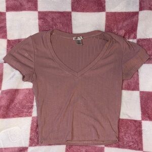 Bozzolo V-Neck Ribbed Pink Crop Top